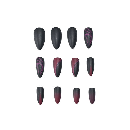 Upgrade your nail styling 24pcs mid-length almond shape autumn and winter black matte texture simple crimson lines fake nails ma