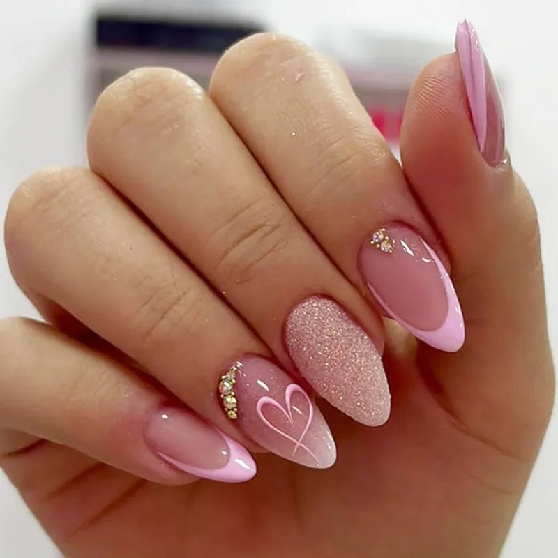 24Pcs Stiletto Press on Nails Glitter Almond False Nails French Tip Fake Nails with Glue Detachable Full Cover Acrylic Nail Tips