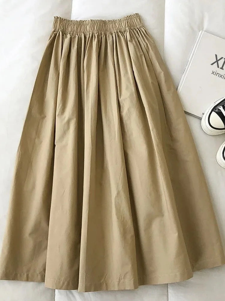 2025 NEW Women's White Long Skirt High Waist A-Line Knee-Length Fashion Pockets Pleated Casual Elegant Skirts for Autumn