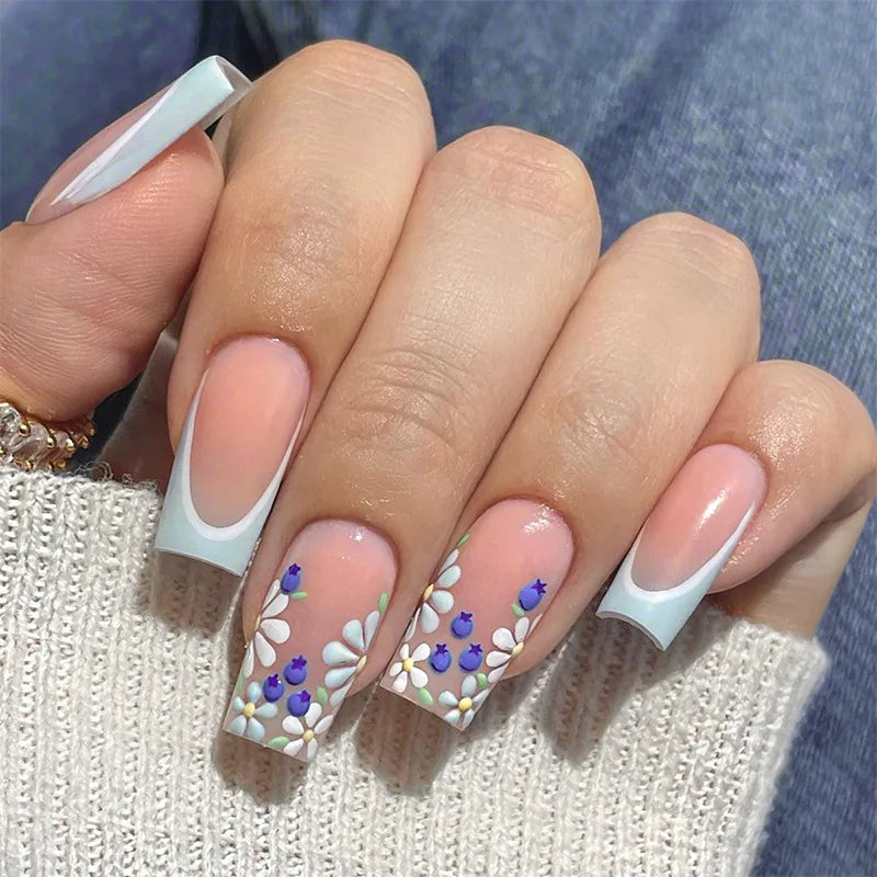 24pcs Mid-length Press on Nails Pink French Full Cover Flower Design Fake Nail Reusable Pearl False Nail with Jelly Glue Nails