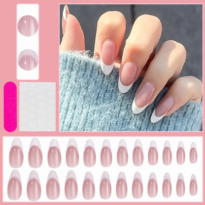 24Pcs Bow Pearl Press on Fake Nails Nude Pink Almond French Stick on False Nail Korean Sweet Girls Wearable Press on Nail + TOOL