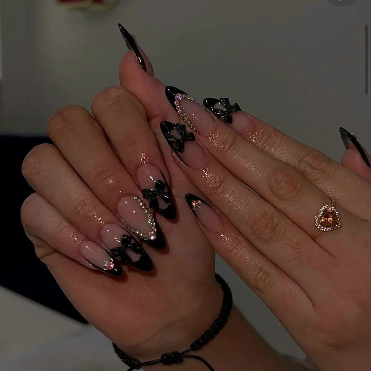 24pcs Long Ballet Press On Nails Black Cross Strap French Style Fake Naile With 3D Bowknot Decor Korean Reusable False Nail Tips