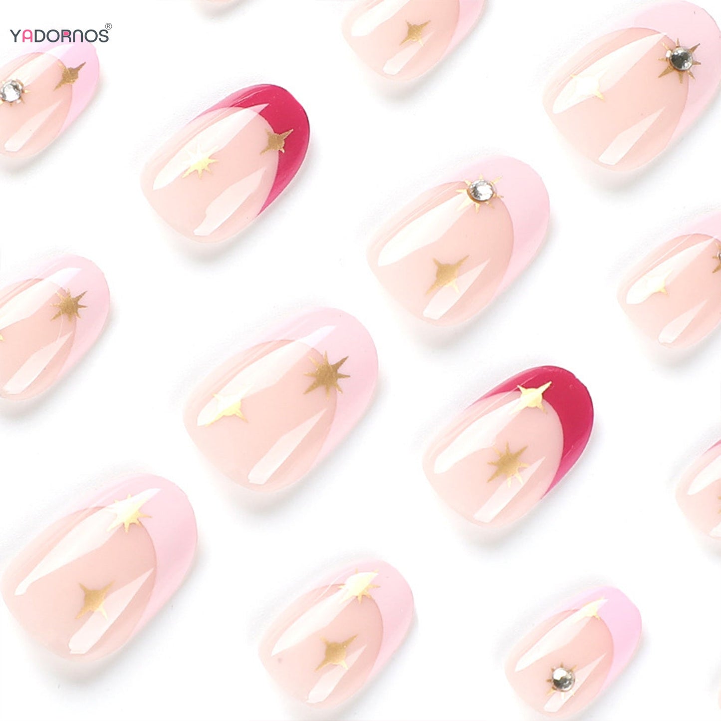 24pcs Short Almond Pink French False Nails Star Design Press on Nails Fake Nails DIY Manicure Detachable Stick-on Nail Tips
