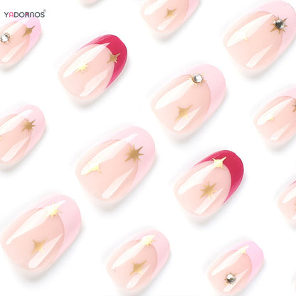 24pcs Short Almond Pink French False Nails Star Design Press on Nails Fake Nails DIY Manicure Detachable Stick-on Nail Tips