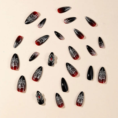 24pcs Sliver Spider Design Fake Nail Halloween Gothic Punk False Nail Tips Wearable European Heavy Metal Almond Press on Nails