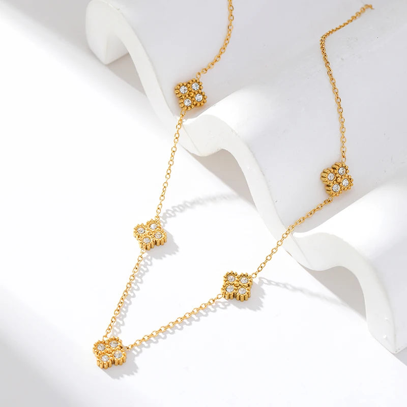 GANEMLY 316L Stainless Steel Clover Flower Zircon Necklace For Women 2025 Fashion Clavicle Neck Chain Waterproof Jewelry Gift
