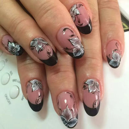 24Pcs Short Round Head Almond Fake Nails with Flowers Grass Pattern Wearable False Nails Tips Summer Full Cover Press on Nails