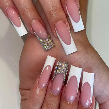 24Pcs Long Square False Nails Simple White French Fake Nails Wearable Ballet Coffin Full Cover Nail Tips Acrylic Press on Nails