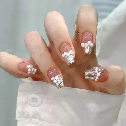24Pcs Short Ballerina False Nail Tips with Pearl Detachable French Fake Nails Pink Cute Full Cover Press on Nails Manicure Tools