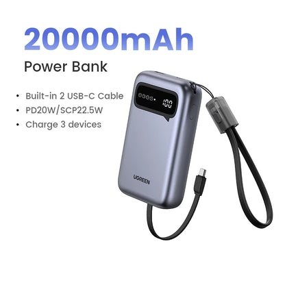 UGREEN 20000mAh Dual Type C Cable Power Bank Fast Charge Portable PowerBank for iPhone 17 16 Pro Max PD 20W External Battery