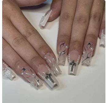 24Pcs Pearl heart Press on Nails Cross French Long Style Fake Nail for Women&Girl Removable Wearable Nail Art