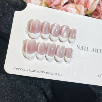 10pcs Pink French Handmade Nails Short French style Handmade Wear Nail for Women&Girl Whitening Nail Stickers False Nail