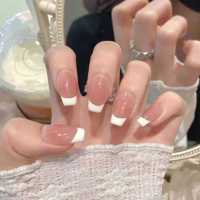 10pcs Pink French Handmade Nails Short French style Handmade Wear Nail for Women&Girl Whitening Nail Stickers False Nail