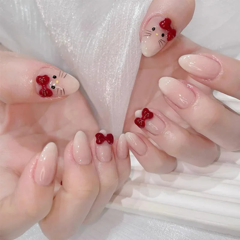 24PCS Cute Red Bowknot Short Oval Press on Nail with Glue Cartoon Cat Glossy French Fake Nails for Girls Wearable Ins Nail Tools