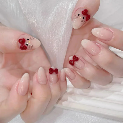 24PCS Cute Red Bowknot Short Oval Press on Nail with Glue Cartoon Cat Glossy French Fake Nails for Girls Wearable Ins Nail Tools