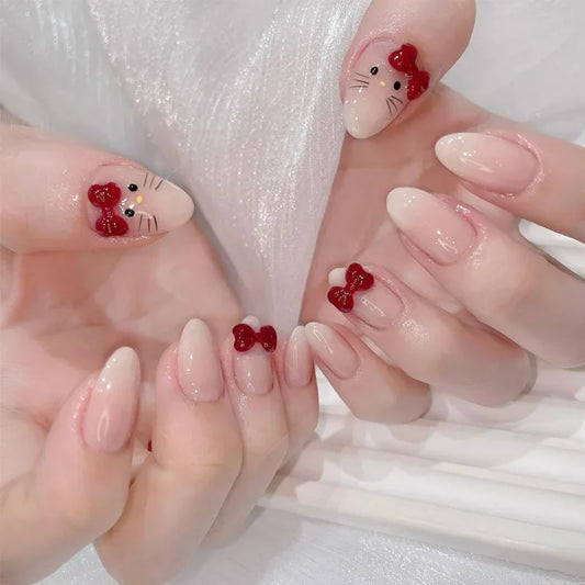 24PCS Cute Red Bowknot Short Oval Press on Nail with Glue Cartoon Cat Glossy French Fake Nails for Girls Wearable Ins Nail Tools
