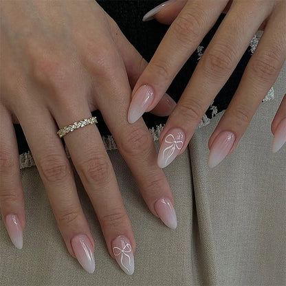White French Press on Nails 3D Bowknot Fake Nails Tips Full Cover Wearable False Nails for Women and Girls DIY Manicure 24Pcs