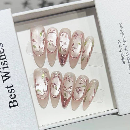 10pcs Long Almond Pink Leopard Print Flower Blush French Cat Eye Bow Resin Fake Nails for Parties Wedding DIY Manicure