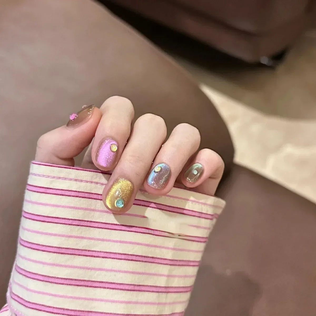 10Pcs Cat Eye Handmade Press on Nails Candy Color Fake Nails Summer Cute Wearable Stick-on Nails Full Cover False Nail Tools