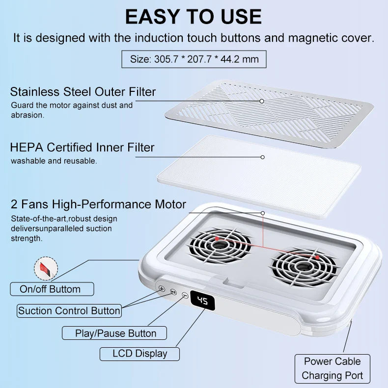 Powerful Suction 170w Nail Dust Collector Manicure Machine 2 Fans Vacuum Cleaner Nail Art Suction with Removable Filter Screen