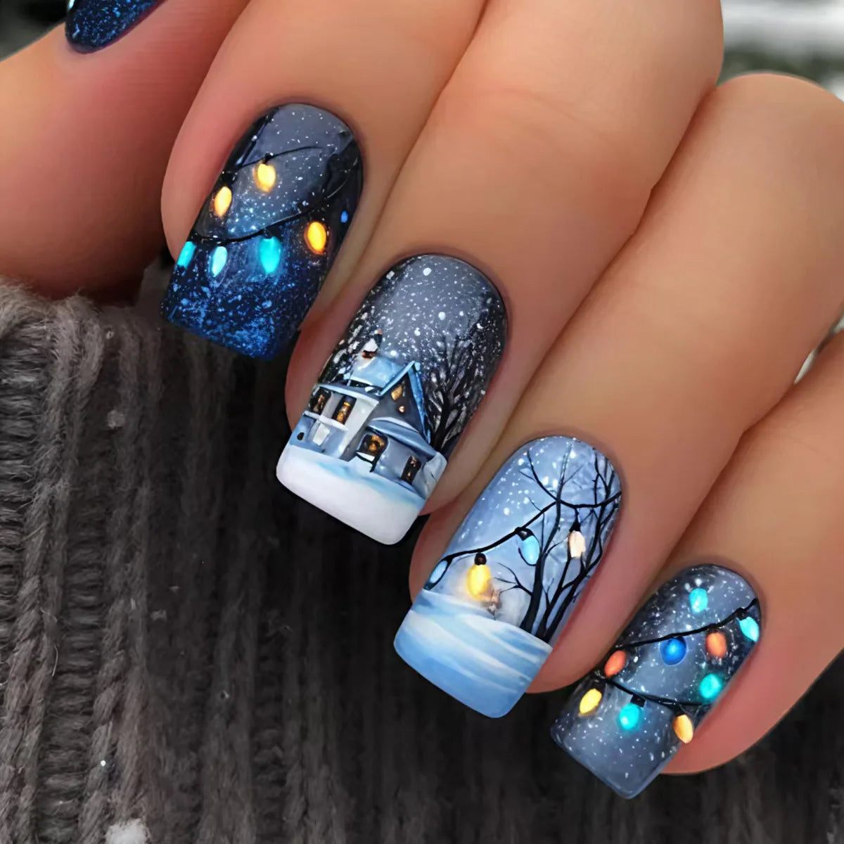 Medium long fake nails for Christmas party Cute snowman Santa Claus gift snowflake square almond tips Press on false nail art