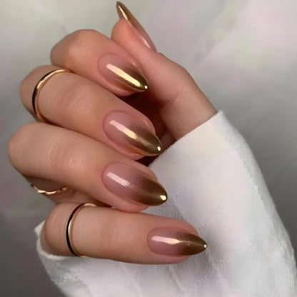 24Pcs Solid Color Grey Almond Fake Nail Cat's Eye Design Wearable Round Head False Nails with Shiny Powder Press on Nails