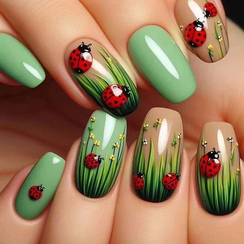 24Pcs Short Almond Press-On Nails Pink Floral French Tip Glossy&Elegant Full Cover Fake Nails for Women&Girls Spring,Daily Wear