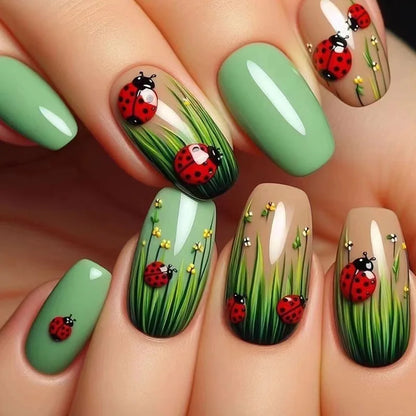 24Pcs Short Almond Press-On Nails Pink Floral French Tip Glossy&Elegant Full Cover Fake Nails for Women&Girls Spring,Daily Wear