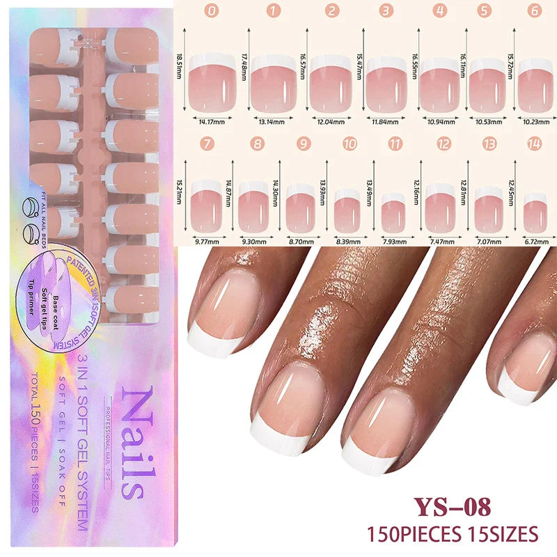 150Pcs/Box Acrylic Press on Nails Full Cover Fake False Tips Soft Gel Extension T-shaped Oval Capsule Almond Sculpted Salon DIY