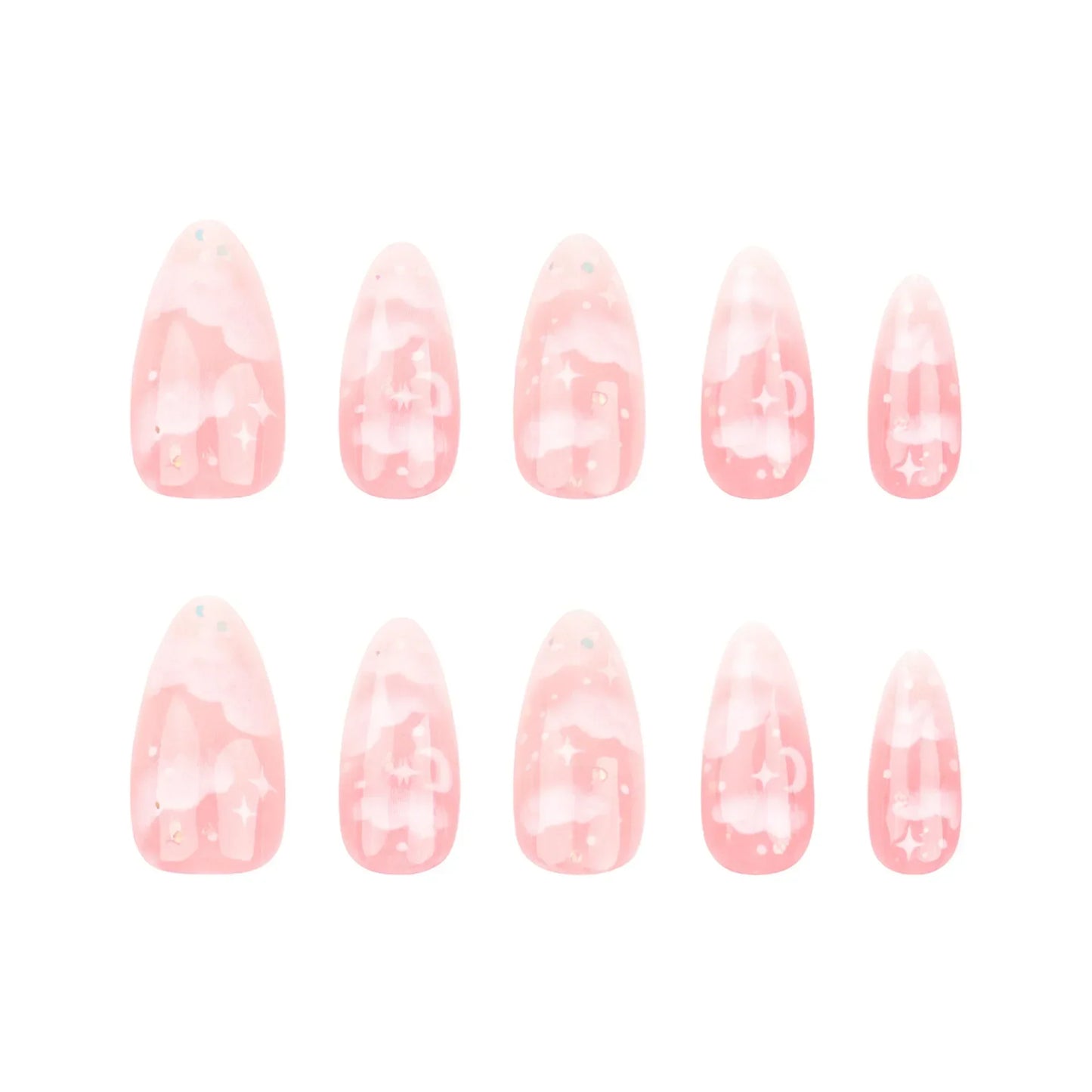24Pcs Pink Cloud Sweet Star Moon Acrylic Nails Press on Almond Wearable Full Cover False Nails Art Tips Fingernail Beauty