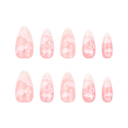 24Pcs Pink Cloud Sweet Star Moon Acrylic Nails Press on Almond Wearable Full Cover False Nails Art Tips Fingernail Beauty