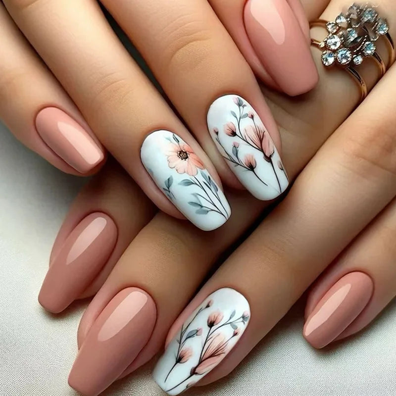 24Pcs Fashion Fake Nails Press on Long Ballet False Nails Art with Flower Design Brown Detachable Full Cover Nail Tips Manicure