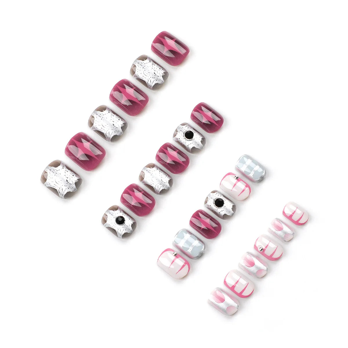 Wearable Stars Y2k Nails Press On Short Square 24pcs Fake Nails Silver Stripes False Nails Decoration Glitter Nail Tips Finished