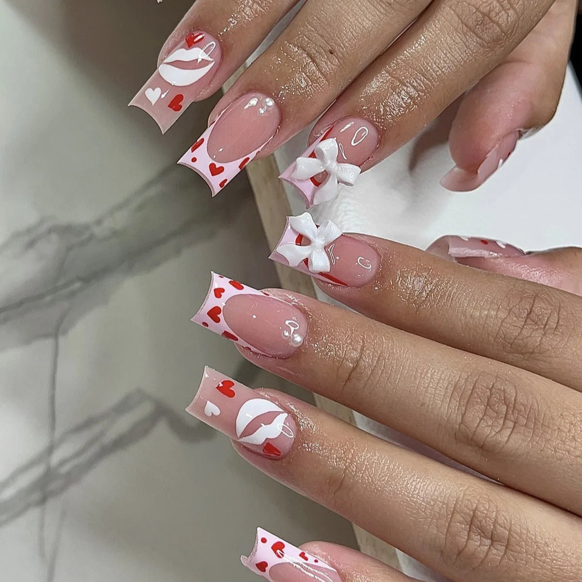 24Pcs Pink French Style Fake Nails 3D Bowknot Designs Short Square Press on Nails Sweet Korean Fashion False Nail for Women Girl