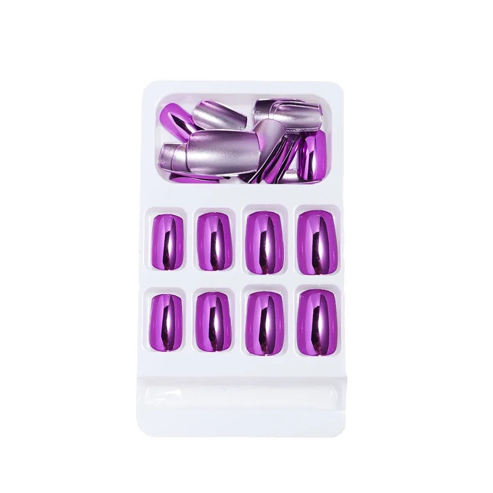 24pcs/set short fake nails metallic red black rose green blue silver golden square tips mirror effect press on false nail art