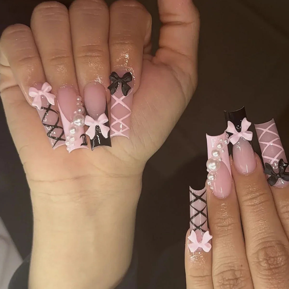 24Pcs Gold French Border False Nails Long Coffin False Nails with Rhinestones Ballerina Full Cover Nail Tips Press on Nails
