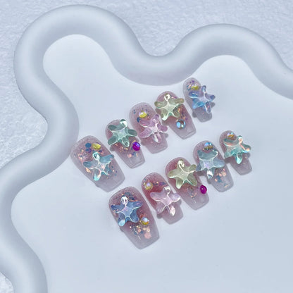 10Pcs Pink Handmade Press On Nails Full Cover Bear Heart Design Short Round Rhinestone False Nails Wearable Manicure Nail Tips
