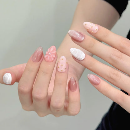 10 PCS Luxury Handmade Press on Nails Short  Almond Ice flower Cat's eye Design with 3-PIECE Tool Adhesive Nail Glue Tabs