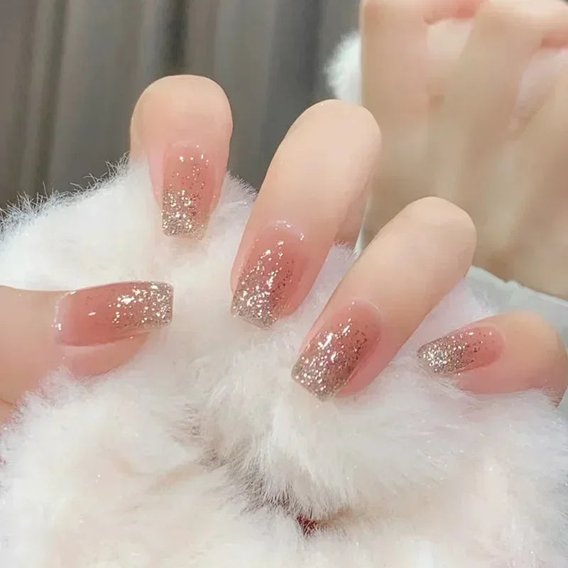 24Pcs Glitter Diamond Press On Nails Sweet Cute Girl Acrylic Nails Full Cover Short Square Fake Nails Wearable Manicure Nail Tip