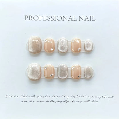10Pcs Short Ballerina Handmade Press on Nails Blue Cat Eye Fake Nails Wearable Stick-on Nails Full Cover False Nail Uñas 네일팁