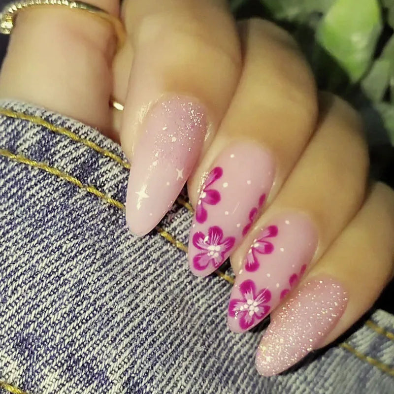 Medium Square Almond Shaped Wearable Fake Nails Autumn Winter Black Golden Purple Green Butterfly Flower tips press on nails