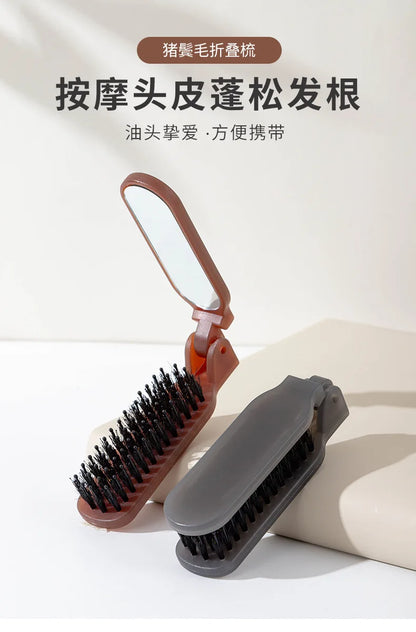 1Pc Foldable Bristle Comb with Mirror Mane Bristle Hair Brush Portable Pocket Collapsible Travel Massage Salon Hair Styling Tool