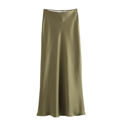 Willshela 2024 Black Satin Skirt Woman High Waist Elegant Long Skirts For Women Fashion Summer Midi Skirt Office Women's Skirts