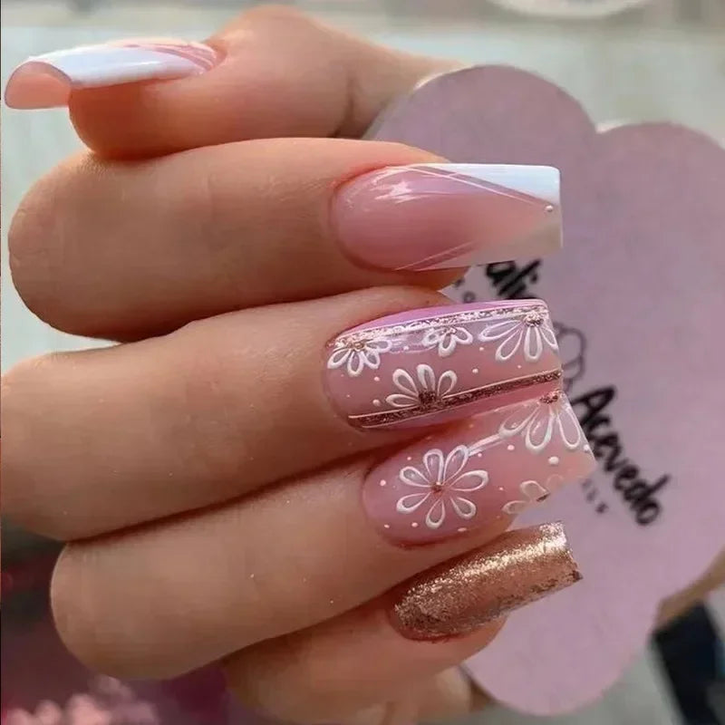 24Pcs White French Fake Nails with Glitter Rose Pattern Press on False Nails Gold Edge Line Design Artificial Nail Tips Art Long