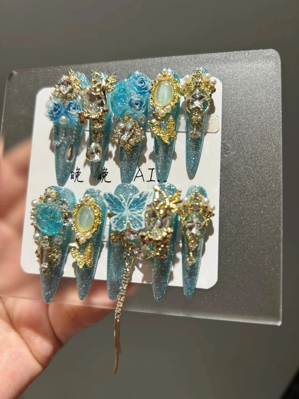 10Pcs High Quality Handmade Press on Nails Qingwu Yuanshan Green Spring/Summer Explosive Luxury Heavy Industry Niche Style Hot