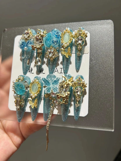 10Pcs High Quality Handmade Press on Nails Qingwu Yuanshan Green Spring/Summer Explosive Luxury Heavy Industry Niche Style Hot