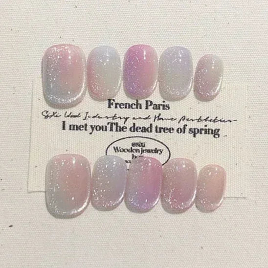 10Pcs Short Handmade Light Green Press On Nails Cat Eyes Pure Ballerina Decoration Wearable False Nails Full Cover Nail Tips Art