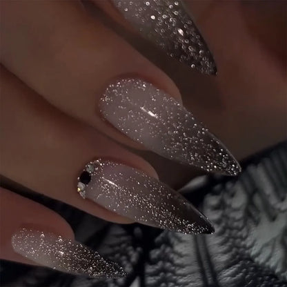 24Pcs Simple Glitter Almond False Nails with Glue Ballerina Nail Design Sweet Cool French Detachable Press on Nail Manicure Tips