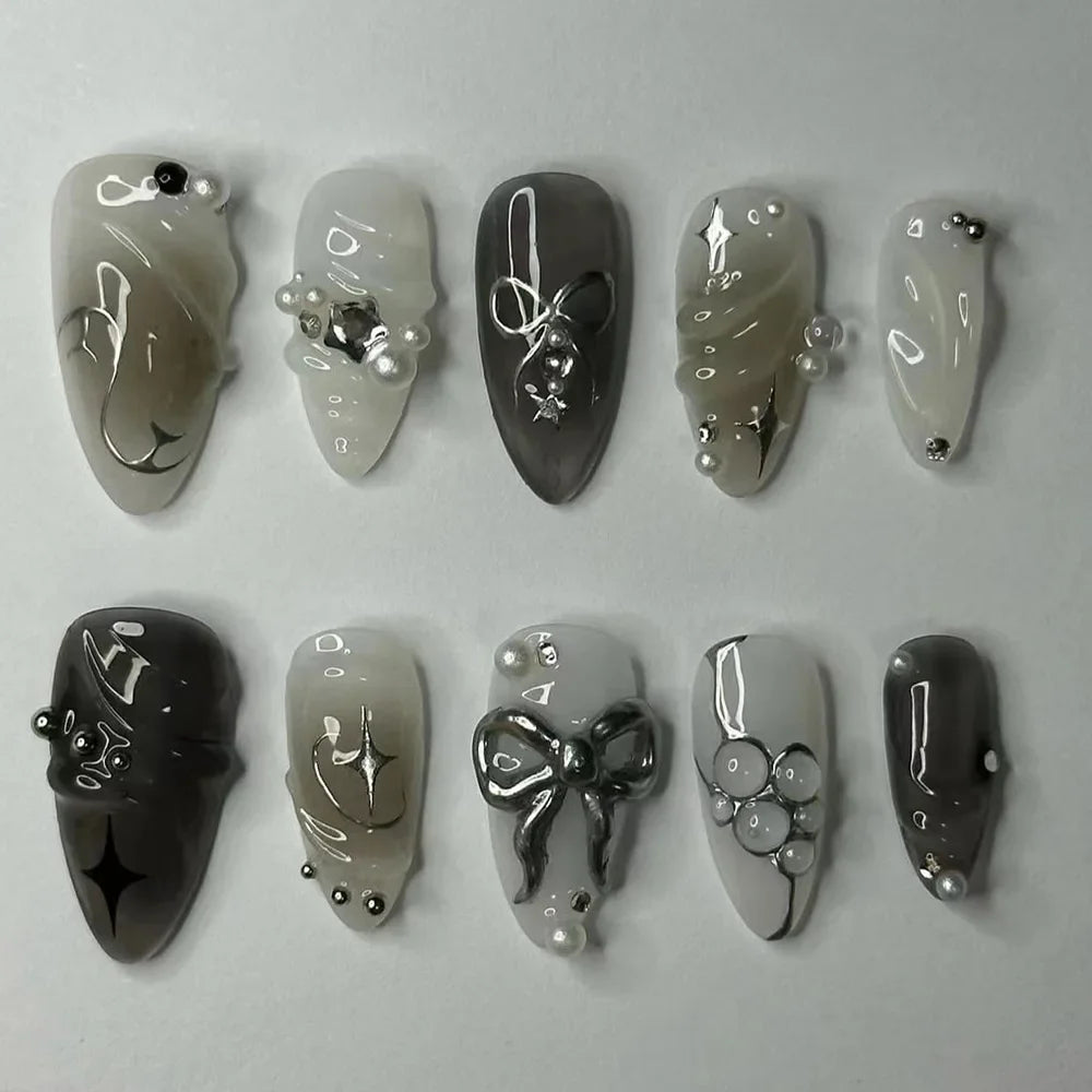 24Pcs Y2k Almond Acrylic Nails Full Cover 3D Diamond Black Nail Art Sweet Cool French Wearable Fake Nail Manicure Tips for Girls