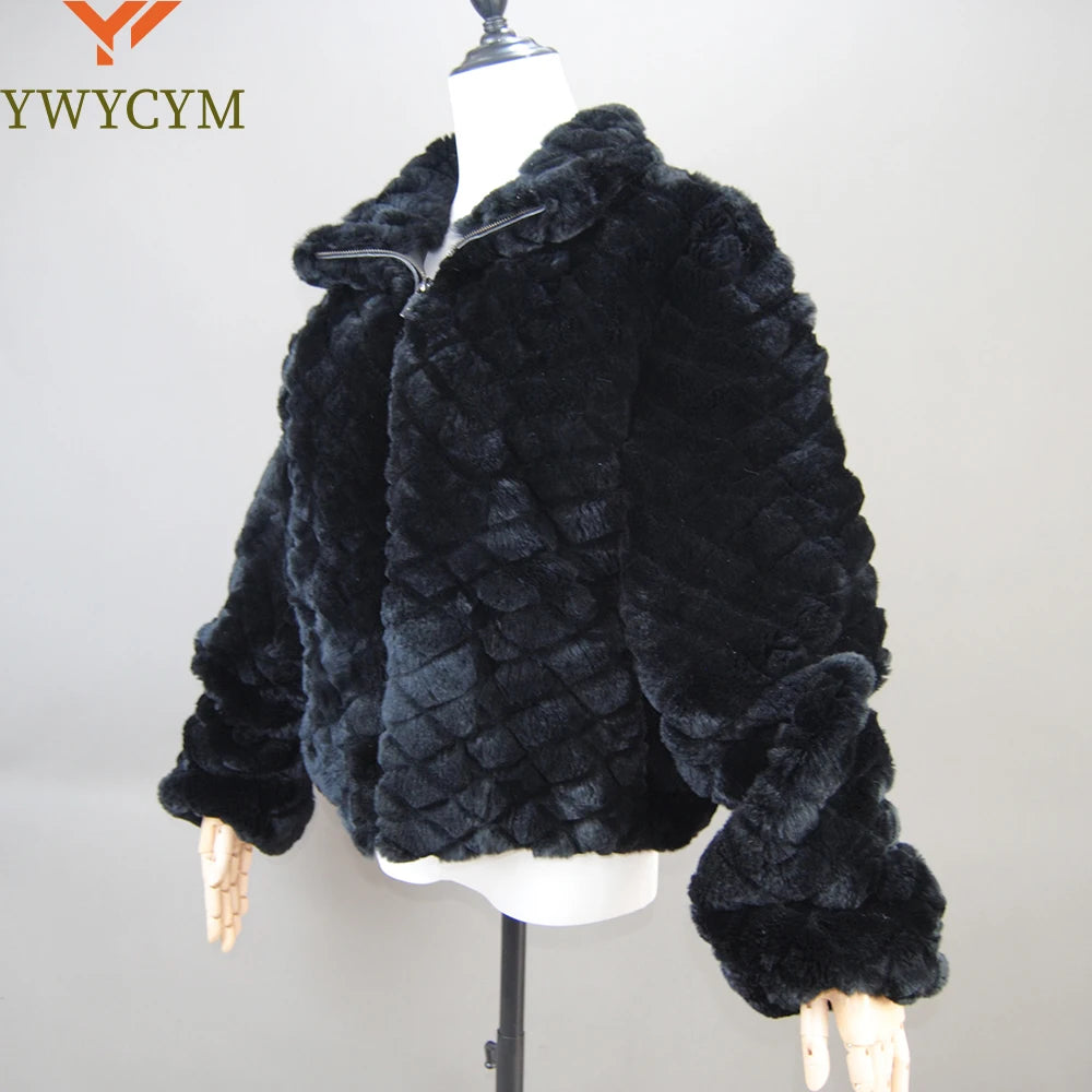 2025 Black Fashion Short Real Rex Rabbit Fur Jacket with Lapel Collar Woman Winter New Genuine Rex Rabbit Fur Coat Outwear